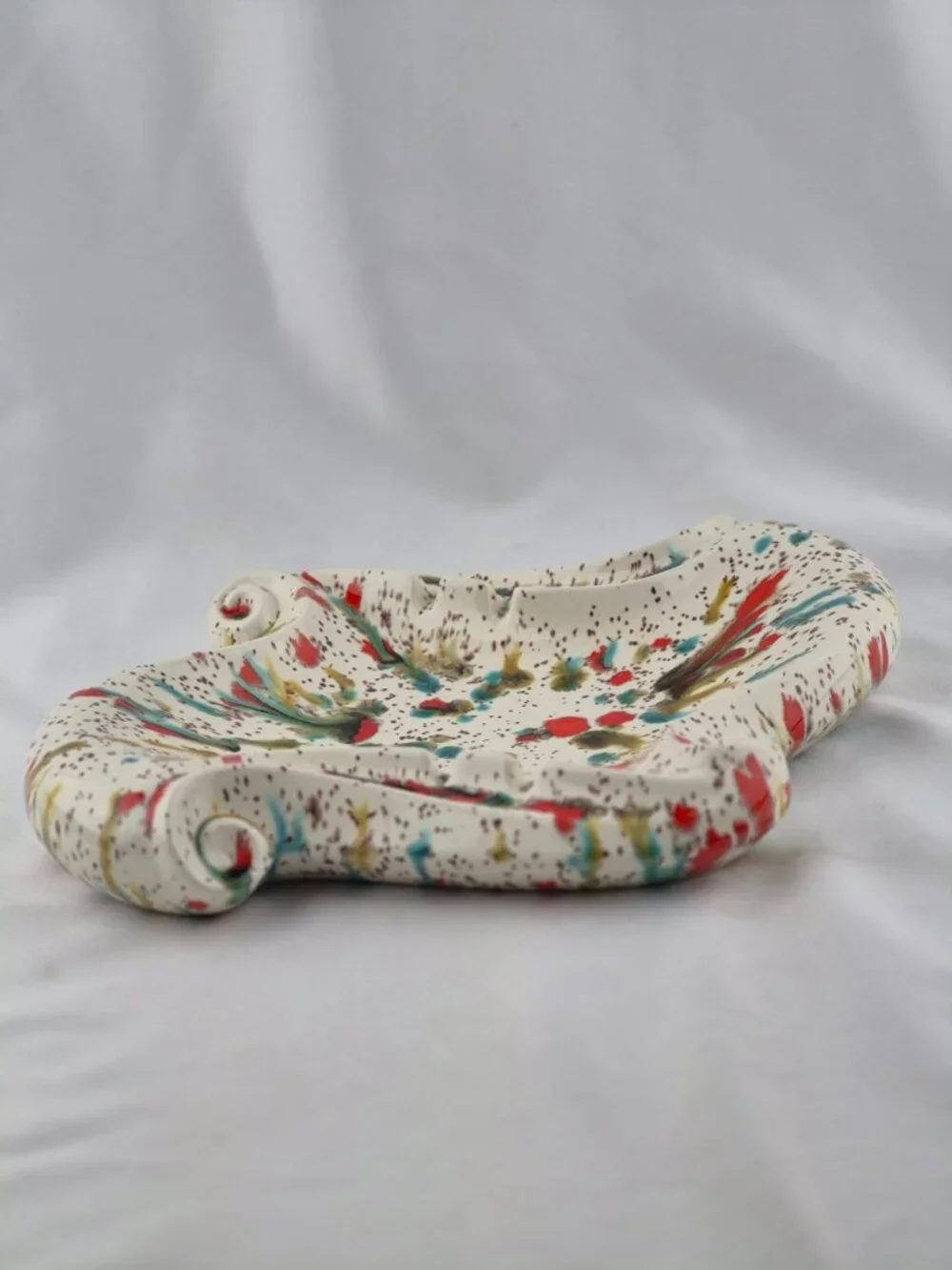 Speckled Ceramic Ashtray Drip Glaze Splatter Mid Century Modern Red Turquoise